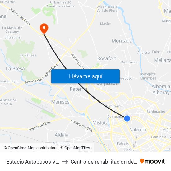 Estació Autobusos València to Centro de rehabilitación de Levante map