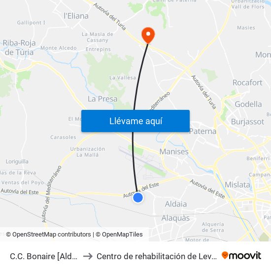 C.C. Bonaire [Aldaia] to Centro de rehabilitación de Levante map