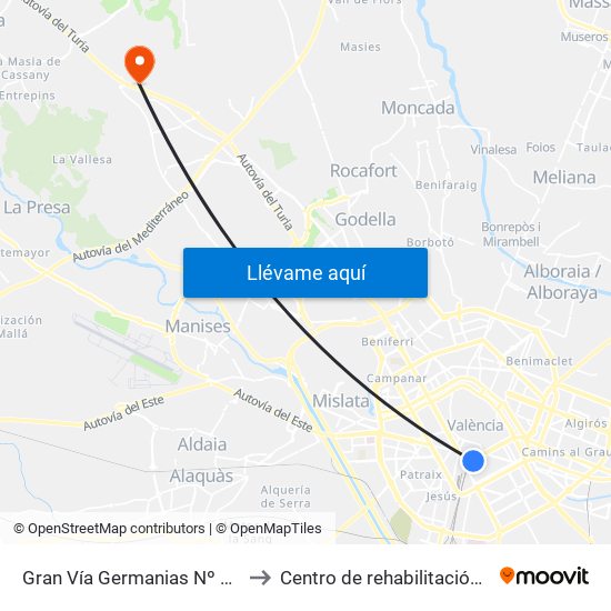 Gran Vía Germanias Nº 41 [València] to Centro de rehabilitación de Levante map