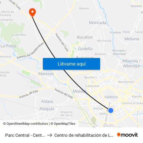 Parc Central to Centro de rehabilitación de Levante map