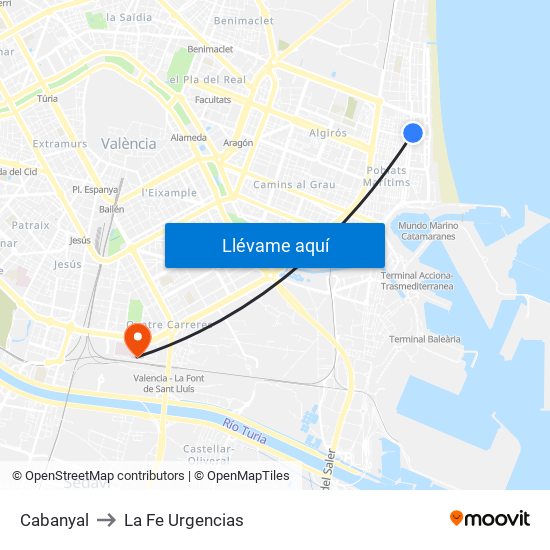 Cabanyal to La Fe Urgencias map