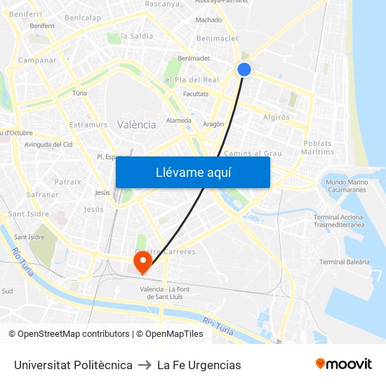 Universitat Politècnica to La Fe Urgencias map