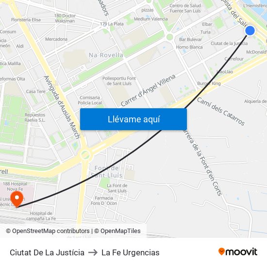 Ciutat De La Justícia to La Fe Urgencias map