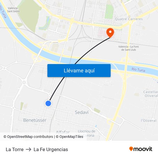 La Torre to La Fe Urgencias map