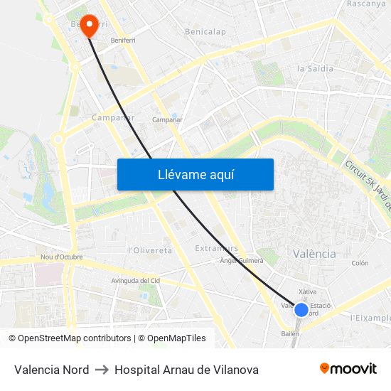 Valencia Nord to Hospital Arnau de Vilanova map