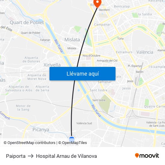 Paiporta to Hospital Arnau de Vilanova map