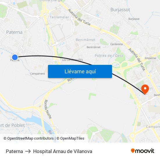 Paterna to Hospital Arnau de Vilanova map