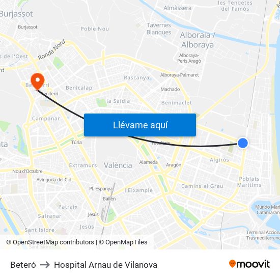 Beteró to Hospital Arnau de Vilanova map