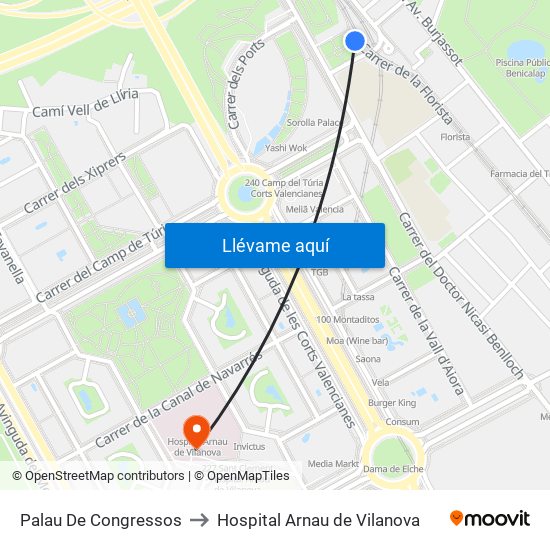 Palau De Congressos to Hospital Arnau de Vilanova map