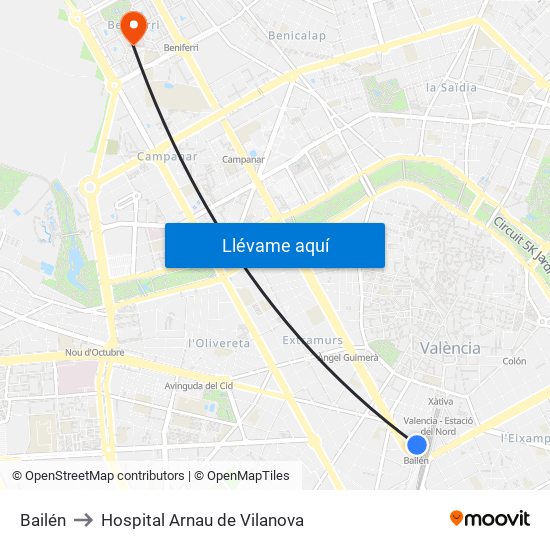 Bailén to Hospital Arnau de Vilanova map