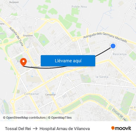 Tossal Del Rei to Hospital Arnau de Vilanova map