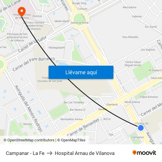 Campanar - La Fe to Hospital Arnau de Vilanova map