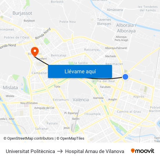 Universitat Politècnica to Hospital Arnau de Vilanova map