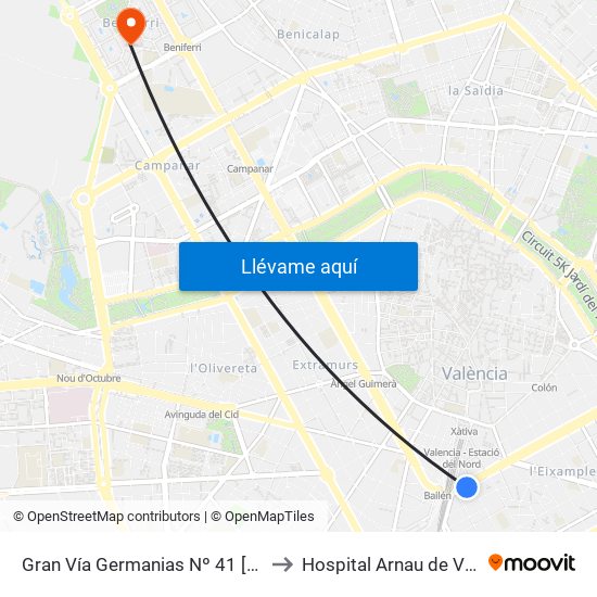 Gran Vía Germanias Nº 41 [València] to Hospital Arnau de Vilanova map