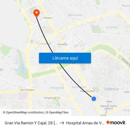 Gran Vía Ramón Y Cajal, 28 [València] to Hospital Arnau de Vilanova map