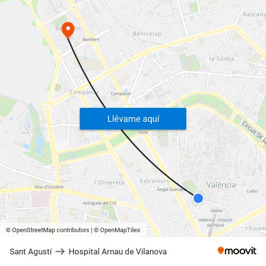 Estació Del Nord - Guillem De Castro to Hospital Arnau de Vilanova map