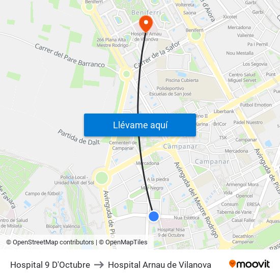 Hospital 9 D'Octubre to Hospital Arnau de Vilanova map