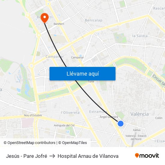 Jesús - Pare Jofré to Hospital Arnau de Vilanova map
