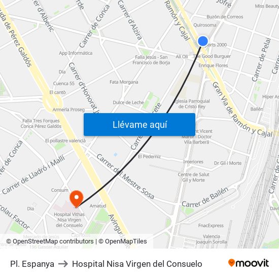 Pl. Espanya to Hospital Nisa Virgen del Consuelo map