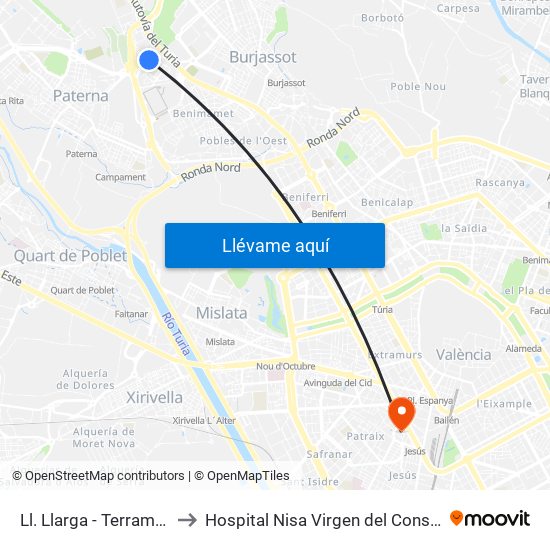 Ll. Llarga - Terramelar to Hospital Nisa Virgen del Consuelo map