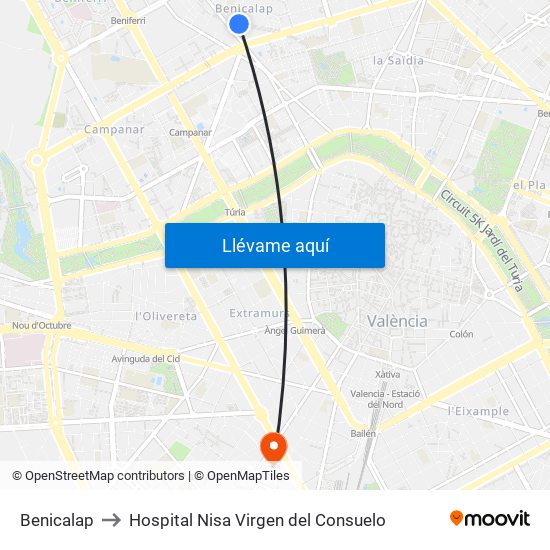 Benicalap to Hospital Nisa Virgen del Consuelo map