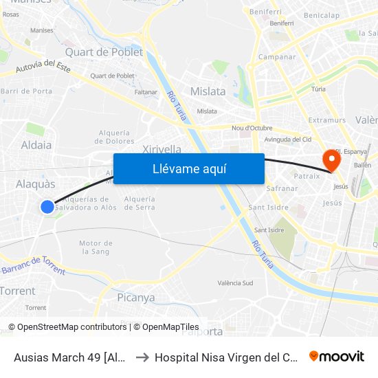 Ausias March 49 [Alaquàs] to Hospital Nisa Virgen del Consuelo map