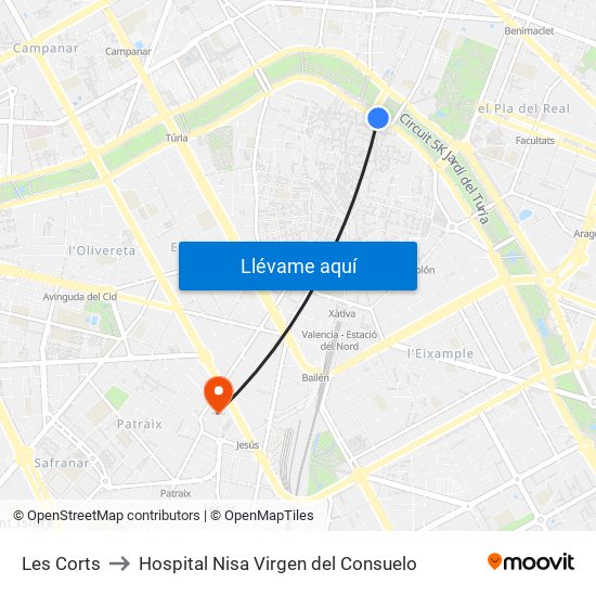 Les Corts to Hospital Nisa Virgen del Consuelo map