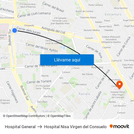 Hospital General to Hospital Nisa Virgen del Consuelo map