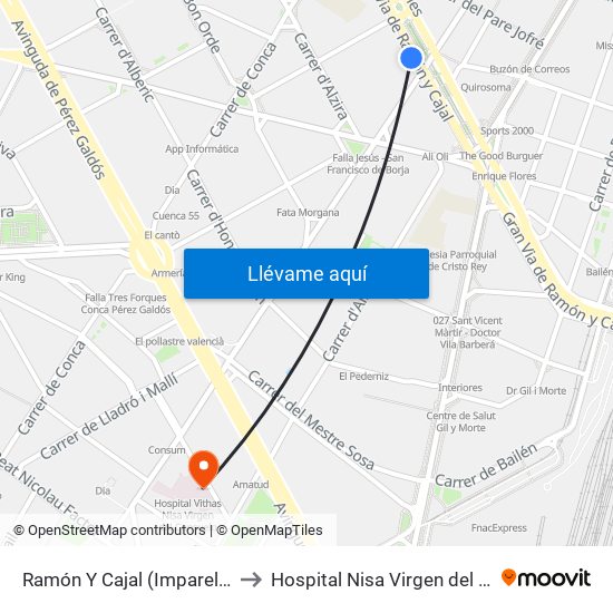 Ramón I Cajal (Imparell) - Jesús to Hospital Nisa Virgen del Consuelo map