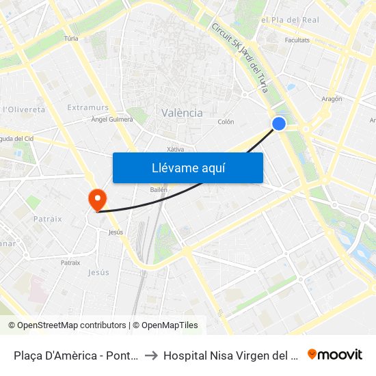 Plaça Amèrica to Hospital Nisa Virgen del Consuelo map