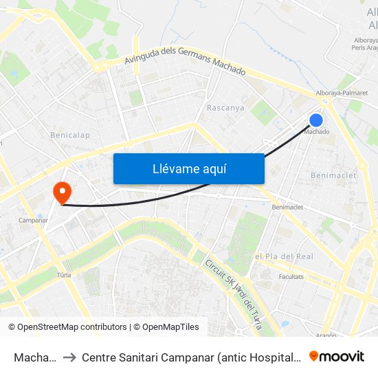 Machado to Centre Sanitari Campanar (antic Hospital La Fe) map