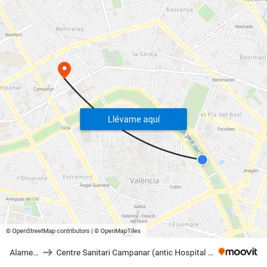 Alameda to Centre Sanitari Campanar (antic Hospital La Fe) map