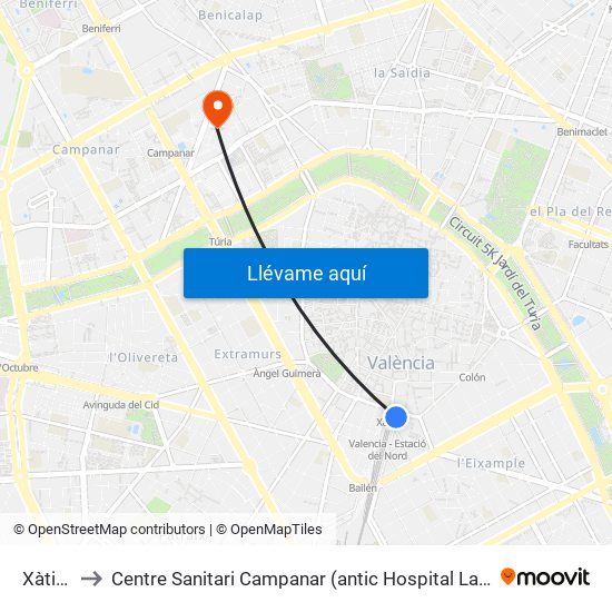 Xàtiva to Centre Sanitari Campanar (antic Hospital La Fe) map