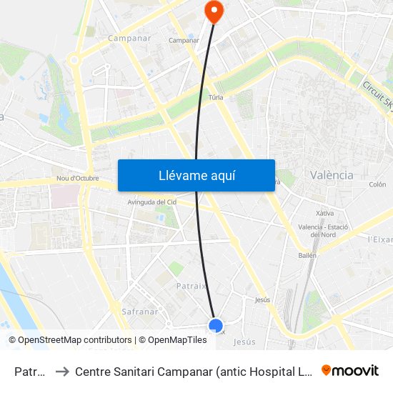 Patraix to Centre Sanitari Campanar (antic Hospital La Fe) map