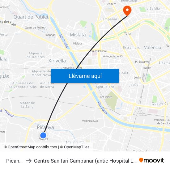 Picanya to Centre Sanitari Campanar (antic Hospital La Fe) map