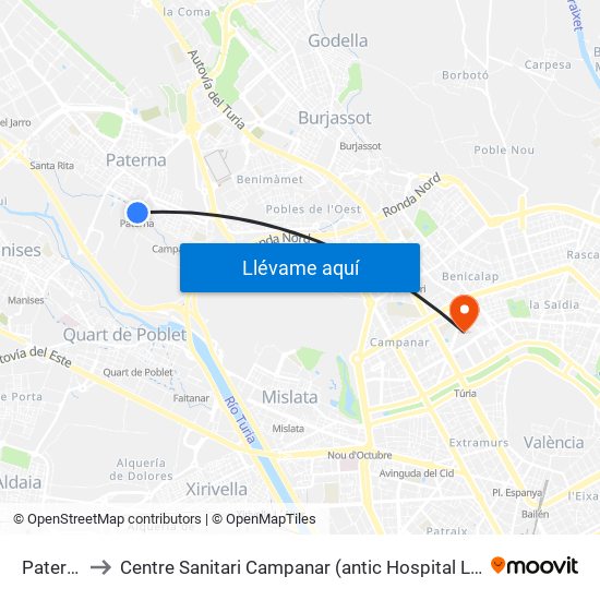 Paterna to Centre Sanitari Campanar (antic Hospital La Fe) map