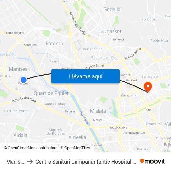 Manises to Centre Sanitari Campanar (antic Hospital La Fe) map