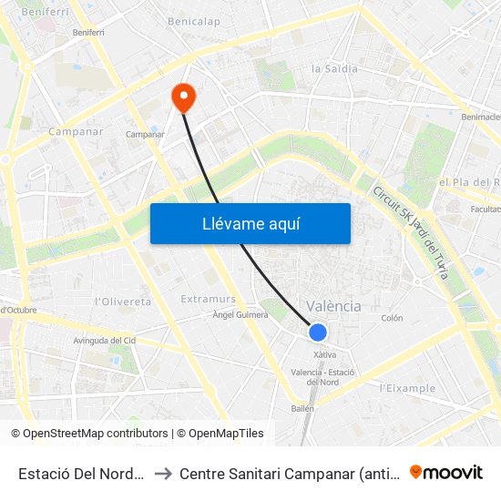 Estació Del Nord - Sant Pau to Centre Sanitari Campanar (antic Hospital La Fe) map