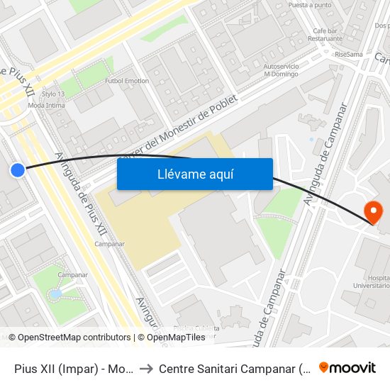 Pius XII (Impar) - Monestir De Poblet to Centre Sanitari Campanar (antic Hospital La Fe) map