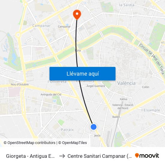 Giorgeta - Antigua Estación De Jesús to Centre Sanitari Campanar (antic Hospital La Fe) map