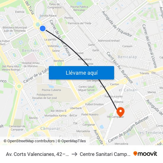 Av. Corts Valencianes, 42– Palau De Congressos [València] to Centre Sanitari Campanar (antic Hospital La Fe) map