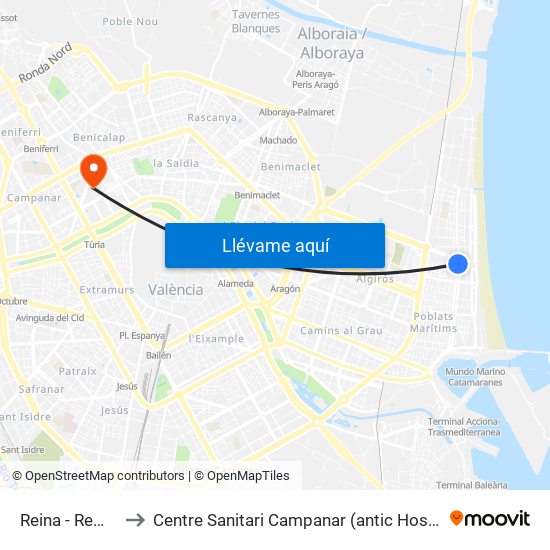 Reina - Remonta to Centre Sanitari Campanar (antic Hospital La Fe) map