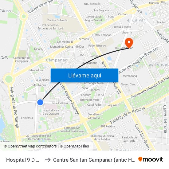 Hospital 9 D'Octubre to Centre Sanitari Campanar (antic Hospital La Fe) map