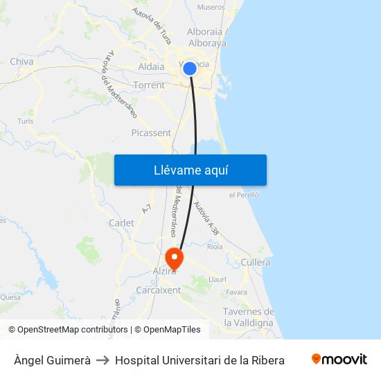 Àngel Guimerà to Hospital Universitari de la Ribera map