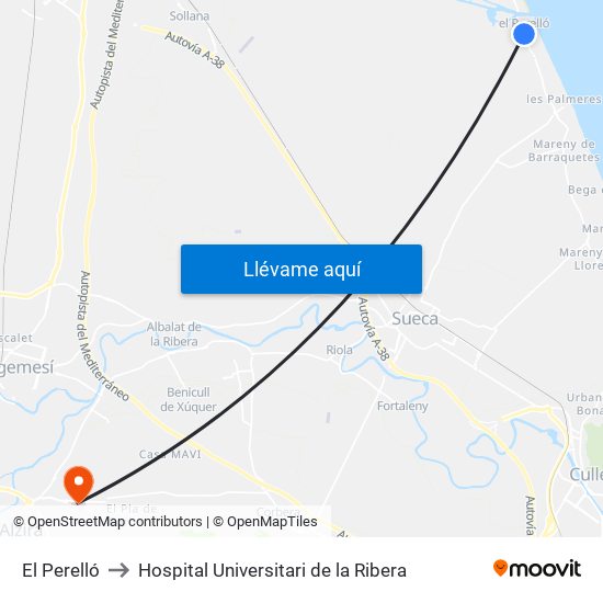 El Perelló to Hospital Universitari de la Ribera map
