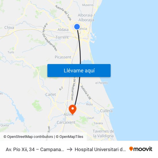 Av. Pío Xii, 34 – Campanar [València] to Hospital Universitari de la Ribera map