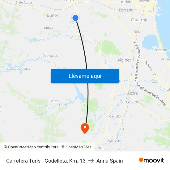 Carretera Turís - Godelleta, Km. 13 to Anna Spain map