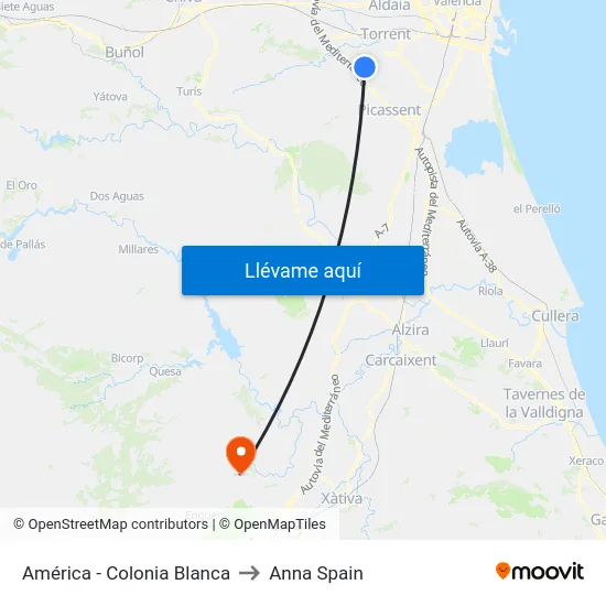 América - Colonia Blanca to Anna Spain map
