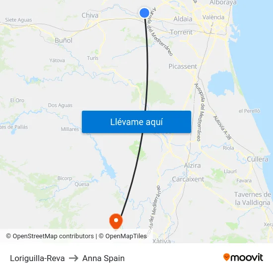 Loriguilla-Reva to Anna Spain map