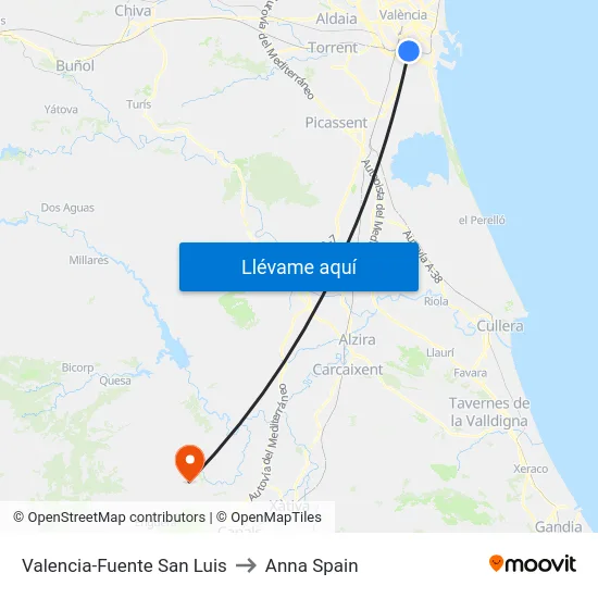 Valencia-Fuente San Luis to Anna Spain map